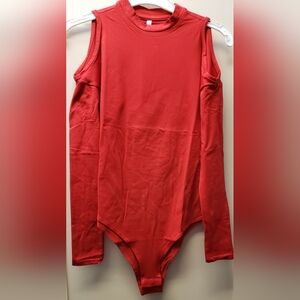 Red Cold-Shoulder Long Sleeve Bodysuit